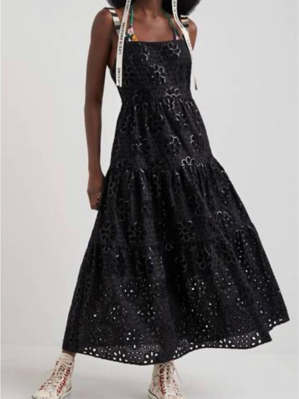 Desigual Black Eyelet Sequin Leah Midi Dress with Striped Straps Sz L US 10 - Picture 2 of 16